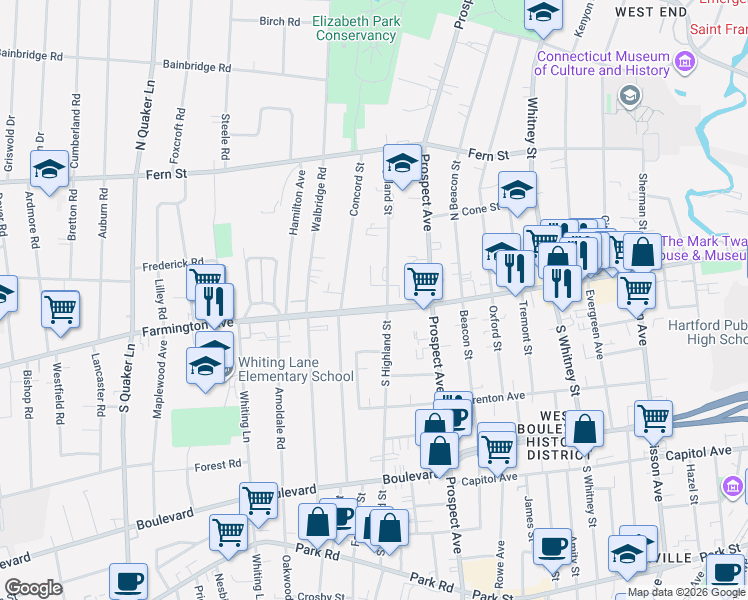 map of restaurants, bars, coffee shops, grocery stores, and more near 5 Highland Street in West Hartford