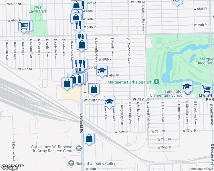 map of restaurants, bars, coffee shops, grocery stores, and more near 3823 West 70th Street in Chicago