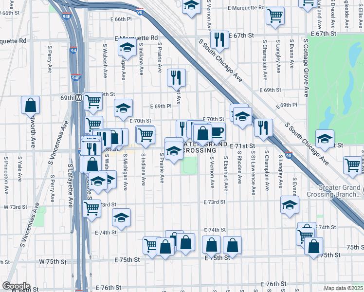 map of restaurants, bars, coffee shops, grocery stores, and more near 342 East 71st Street in Chicago