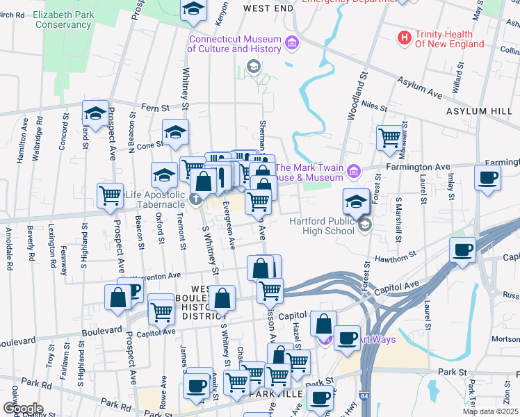 map of restaurants, bars, coffee shops, grocery stores, and more near 491 Farmington Avenue in Hartford