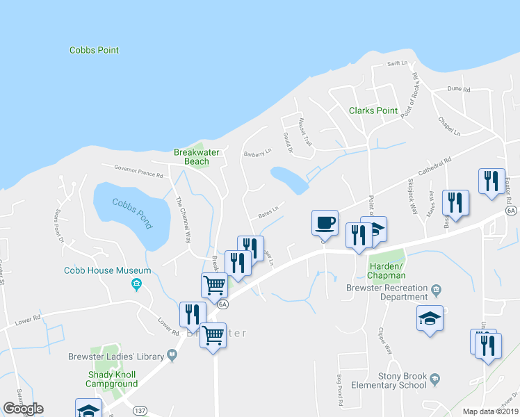 map of restaurants, bars, coffee shops, grocery stores, and more near 23 Bates Lane in Brewster