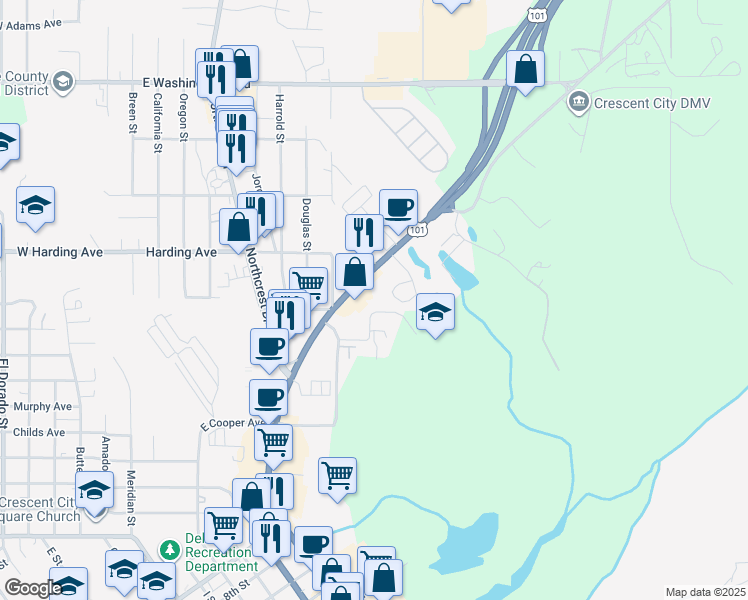 map of restaurants, bars, coffee shops, grocery stores, and more near 1055 U.S. 101 in Crescent City