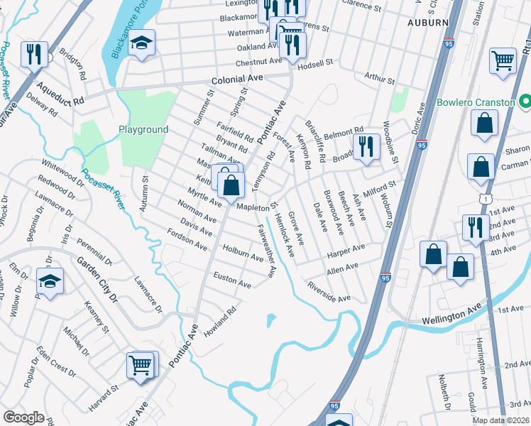 map of restaurants, bars, coffee shops, grocery stores, and more near 10 Fairweather Avenue in Cranston