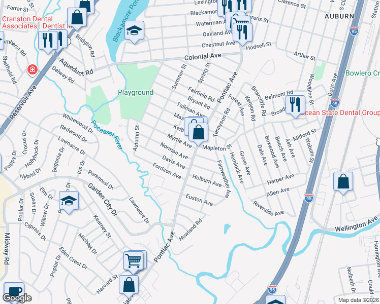 map of restaurants, bars, coffee shops, grocery stores, and more near 33 Norman Avenue in Cranston
