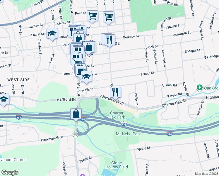 map of restaurants, bars, coffee shops, grocery stores, and more near 96 Wells Street in Manchester