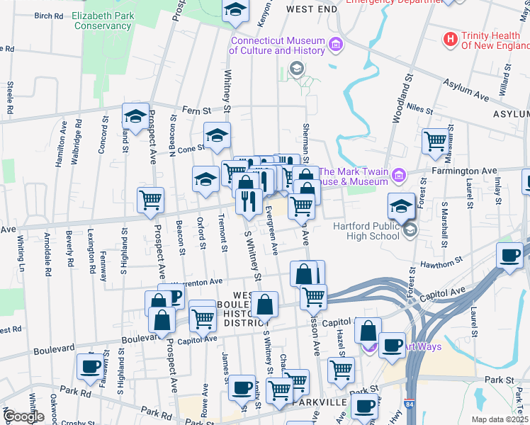 map of restaurants, bars, coffee shops, grocery stores, and more near 9 Evergreen Avenue in Hartford