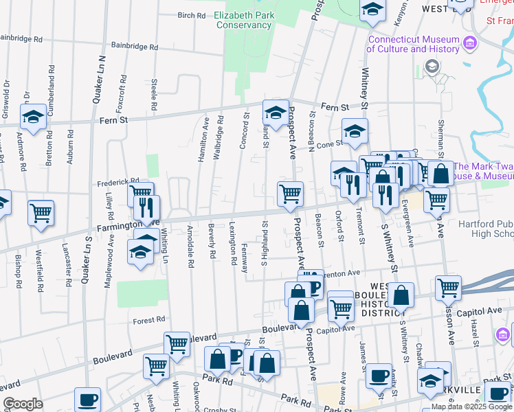 map of restaurants, bars, coffee shops, grocery stores, and more near 9 Highland Street in West Hartford