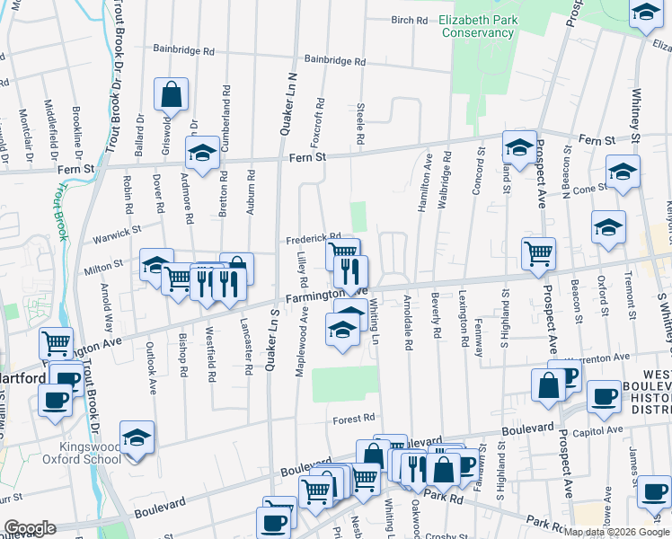 map of restaurants, bars, coffee shops, grocery stores, and more near 28 Walkley Road in West Hartford