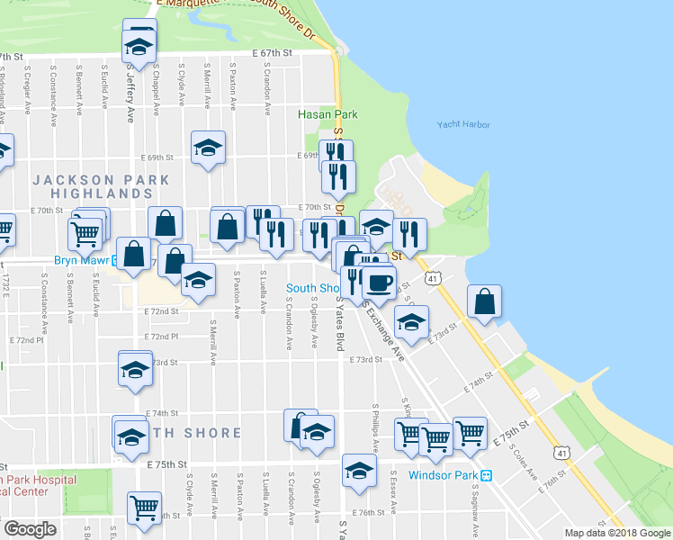 map of restaurants, bars, coffee shops, grocery stores, and more near 2351 East 71st Street in Chicago