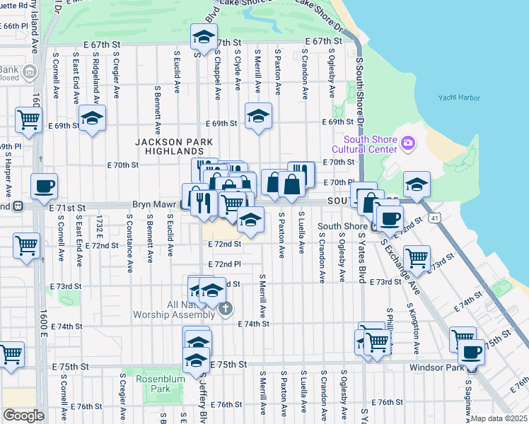 map of restaurants, bars, coffee shops, grocery stores, and more near 7104 South Merrill Avenue in Chicago