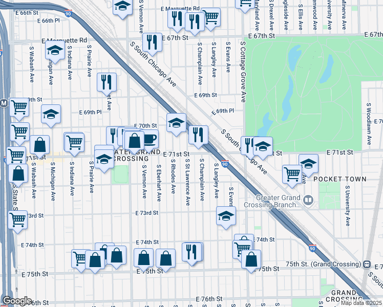 map of restaurants, bars, coffee shops, grocery stores, and more near 560 East 71st Street in Chicago