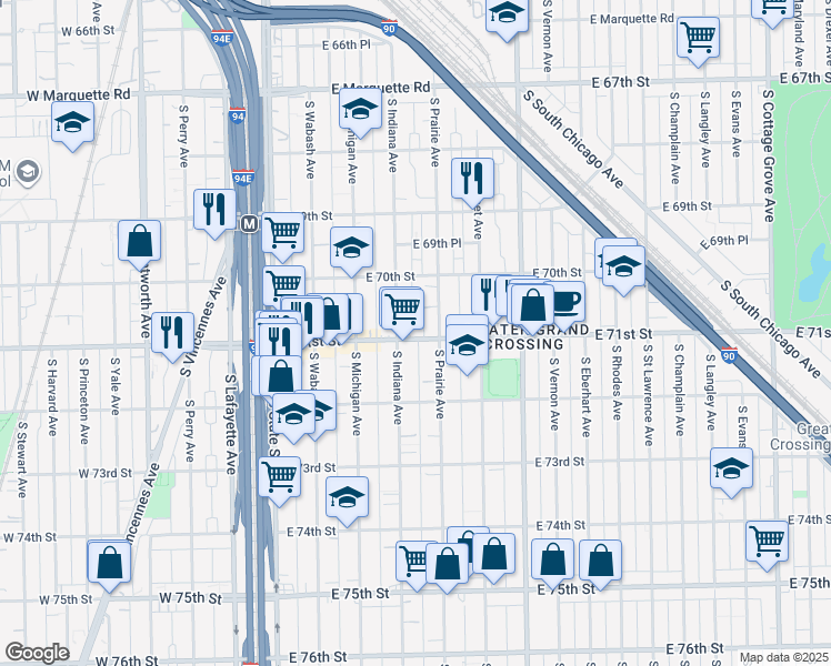 map of restaurants, bars, coffee shops, grocery stores, and more near 7025 South Indiana Avenue in Chicago