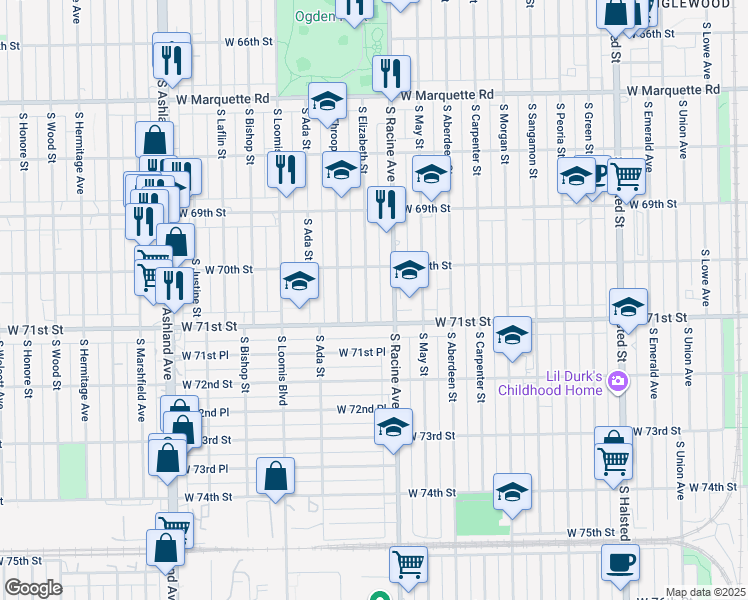 map of restaurants, bars, coffee shops, grocery stores, and more near 7024 South Elizabeth Street in Chicago