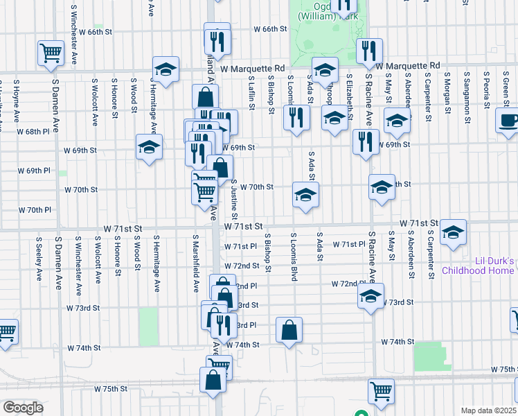 map of restaurants, bars, coffee shops, grocery stores, and more near 7024 South Laflin Street in Chicago