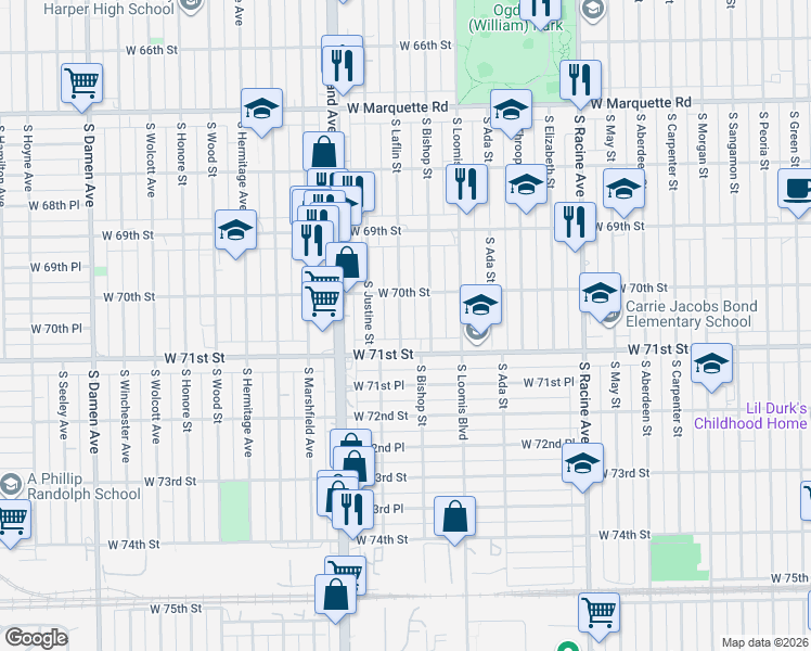 map of restaurants, bars, coffee shops, grocery stores, and more near 7024 South Laflin Street in Chicago