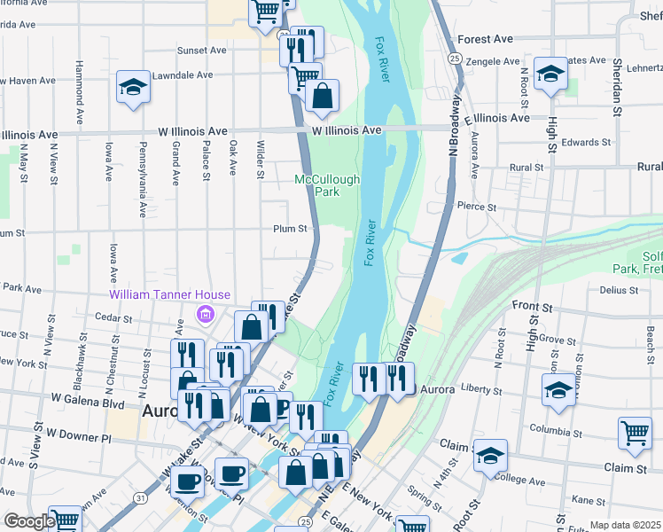 map of restaurants, bars, coffee shops, grocery stores, and more near 465 North Lake Street in Aurora