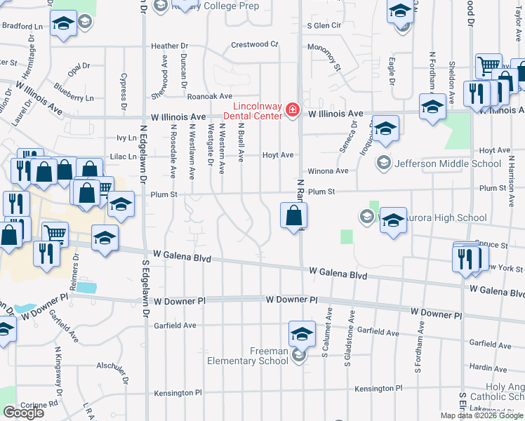 map of restaurants, bars, coffee shops, grocery stores, and more near 305 North Evanslawn Avenue in Aurora
