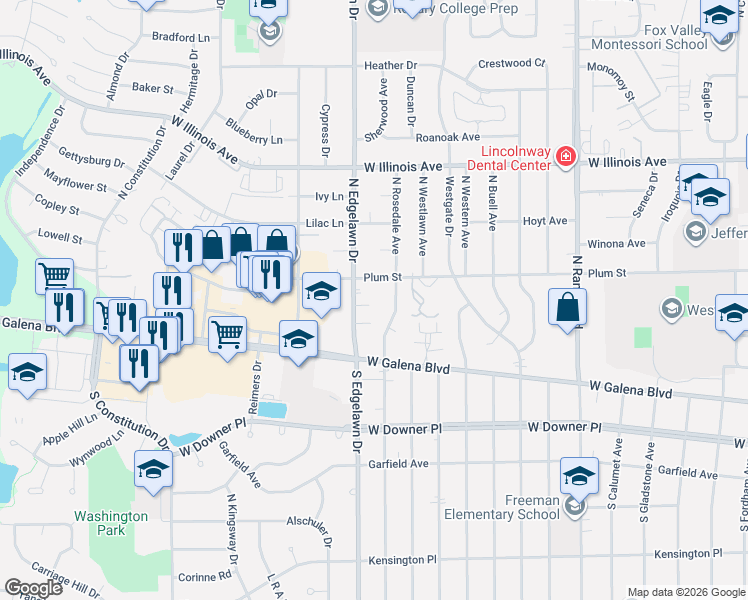 map of restaurants, bars, coffee shops, grocery stores, and more near 301 North Edgelawn Drive in Aurora