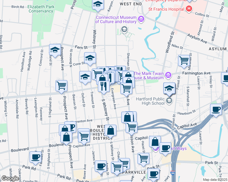 map of restaurants, bars, coffee shops, grocery stores, and more near 9 Evergreen Avenue in Hartford