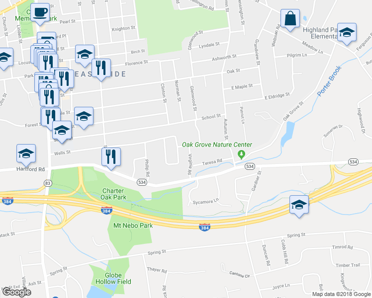 map of restaurants, bars, coffee shops, grocery stores, and more near 58 Virginia Road in Manchester