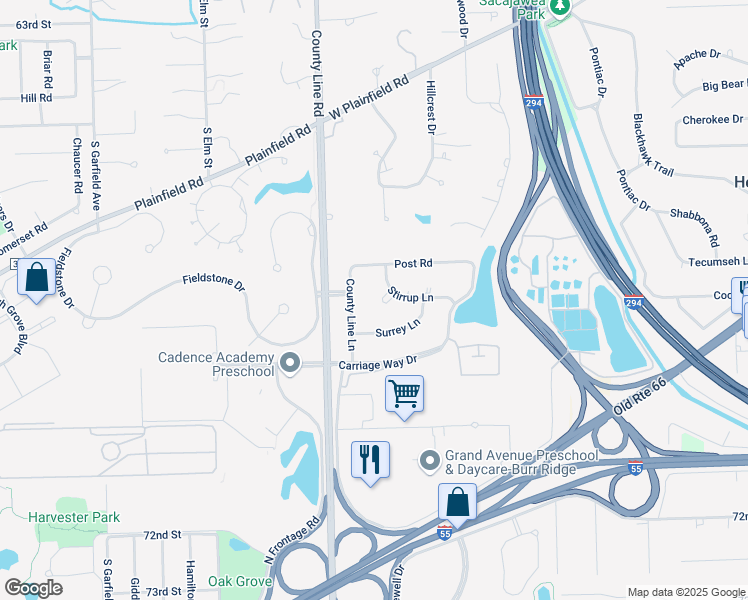 map of restaurants, bars, coffee shops, grocery stores, and more near 108 Stirrup Lane in Burr Ridge
