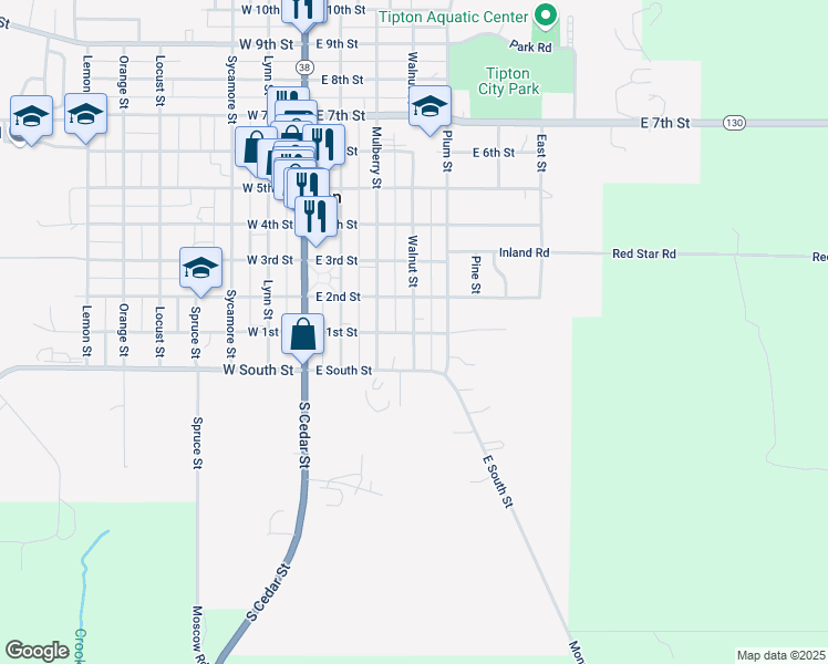 map of restaurants, bars, coffee shops, grocery stores, and more near E 1st St in Tipton