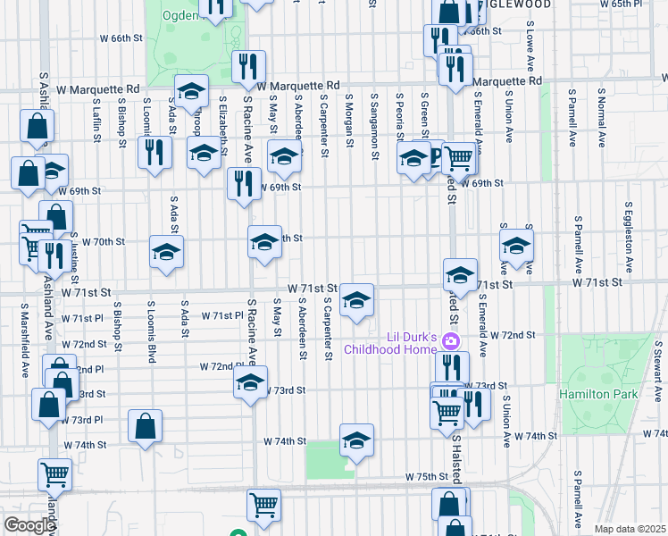 map of restaurants, bars, coffee shops, grocery stores, and more near 7030 South Morgan Street in Chicago