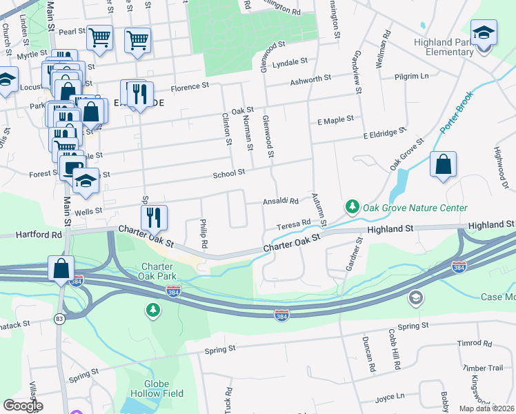 map of restaurants, bars, coffee shops, grocery stores, and more near 58 Virginia Road in Manchester