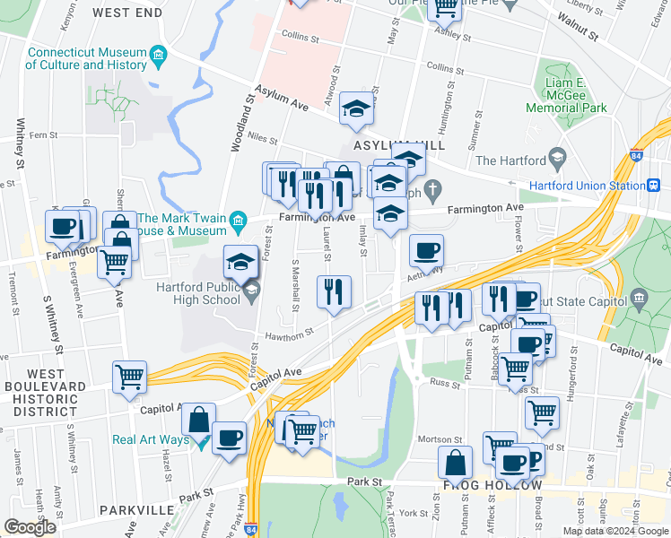 map of restaurants, bars, coffee shops, grocery stores, and more near 246 Laurel Street in Hartford