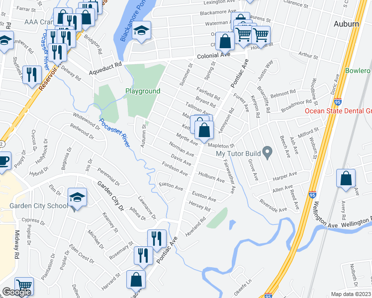 map of restaurants, bars, coffee shops, grocery stores, and more near 33 Norman Ave in Cranston