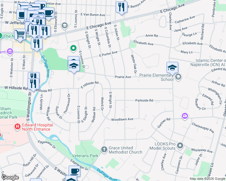 map of restaurants, bars, coffee shops, grocery stores, and more near 636 East Hillside Road in Naperville