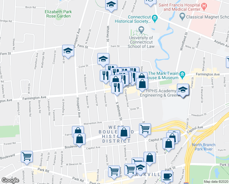 map of restaurants, bars, coffee shops, grocery stores, and more near 227 South Whitney Street in Hartford