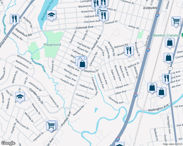 map of restaurants, bars, coffee shops, grocery stores, and more near 10 Fairweather Avenue in Cranston