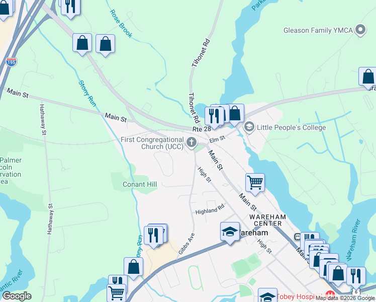 map of restaurants, bars, coffee shops, grocery stores, and more near 11 Gibbs Avenue in Wareham