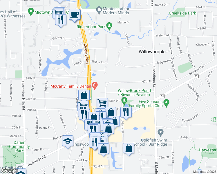 map of restaurants, bars, coffee shops, grocery stores, and more near 743 67th Place in Willowbrook