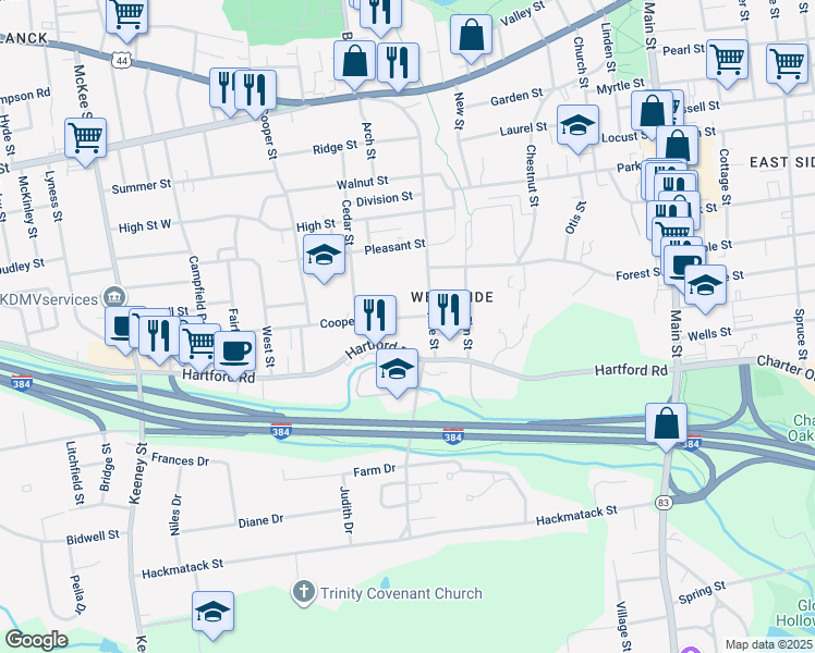 map of restaurants, bars, coffee shops, grocery stores, and more near 210 Pine Street in Manchester