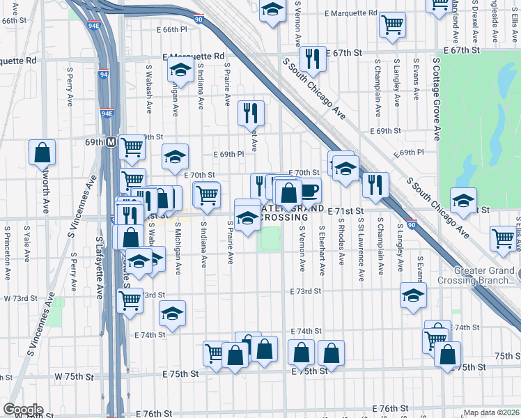 map of restaurants, bars, coffee shops, grocery stores, and more near 342 East 71st Street in Chicago