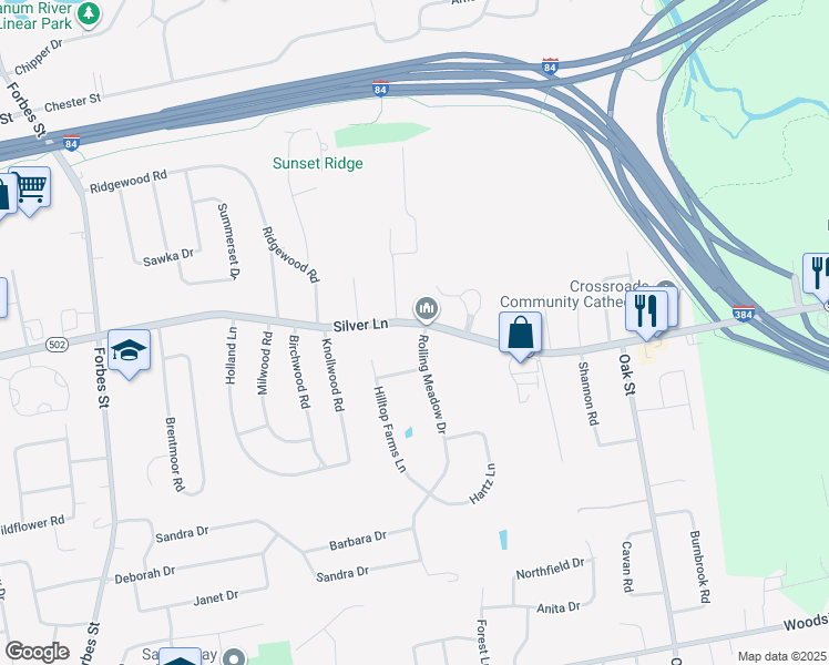 map of restaurants, bars, coffee shops, grocery stores, and more near 1269 Silver Lane in East Hartford