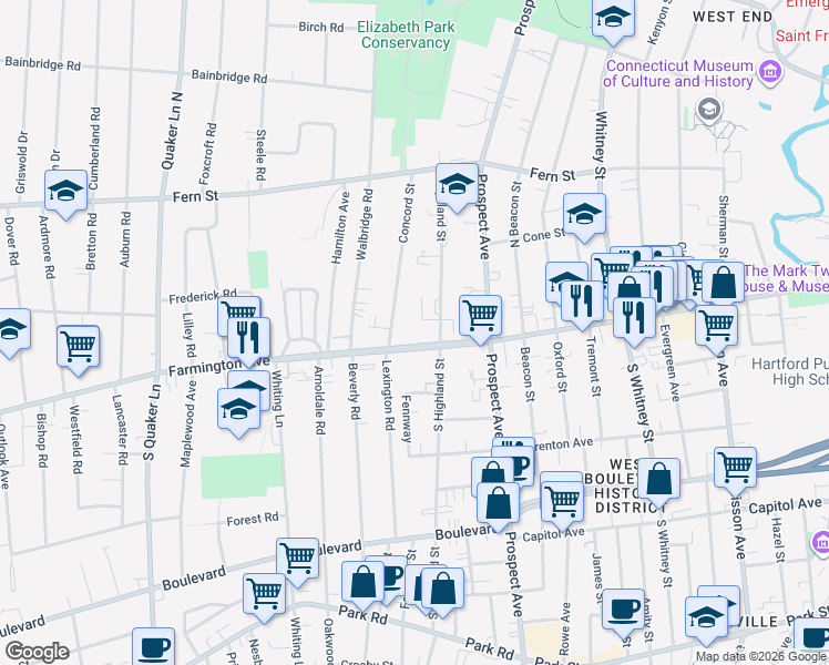 map of restaurants, bars, coffee shops, grocery stores, and more near 9 Highland Street in West Hartford
