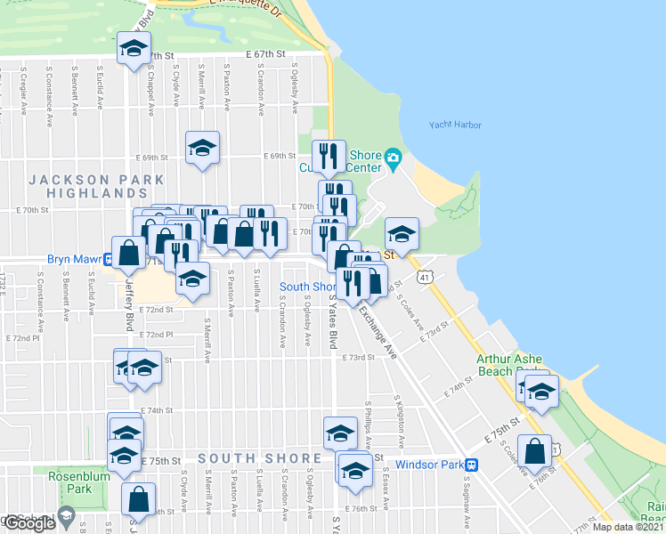 map of restaurants, bars, coffee shops, grocery stores, and more near 7133 South Yates Boulevard in Chicago