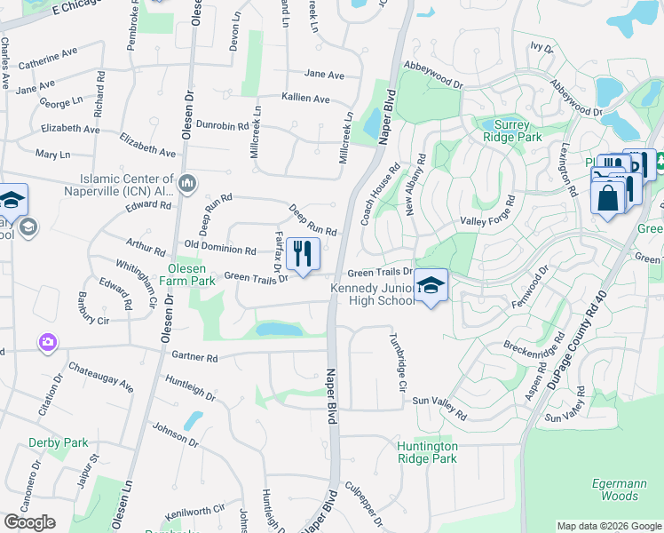 map of restaurants, bars, coffee shops, grocery stores, and more near 1409 Green Trails Drive in Naperville