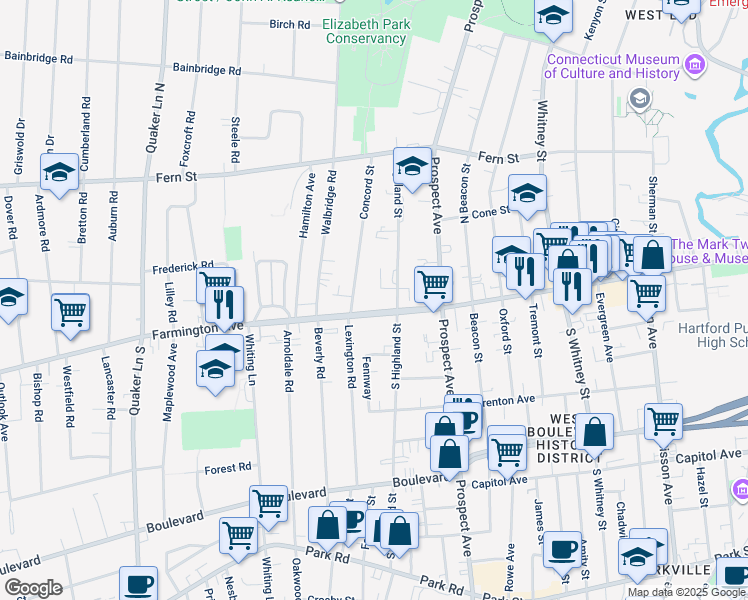 map of restaurants, bars, coffee shops, grocery stores, and more near 9 Highland Street in West Hartford