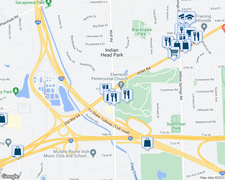 map of restaurants, bars, coffee shops, grocery stores, and more near 6930 Wolf Road in Indian Head Park
