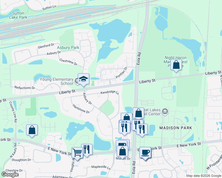 map of restaurants, bars, coffee shops, grocery stores, and more near 2808 Kendridge Lane in Aurora