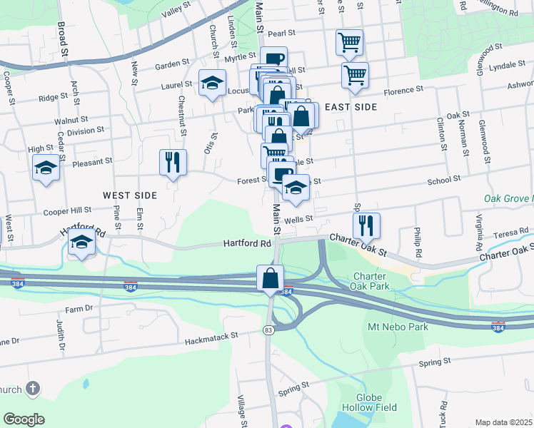 map of restaurants, bars, coffee shops, grocery stores, and more near 1180 Main Street in Manchester