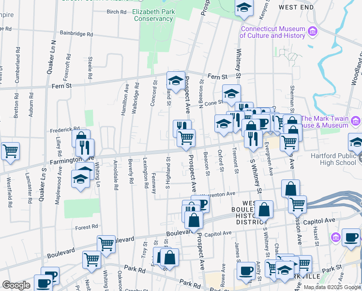 map of restaurants, bars, coffee shops, grocery stores, and more near 674 Farmington Avenue in West Hartford