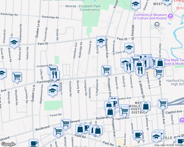 map of restaurants, bars, coffee shops, grocery stores, and more near 698 Farmington Avenue in West Hartford