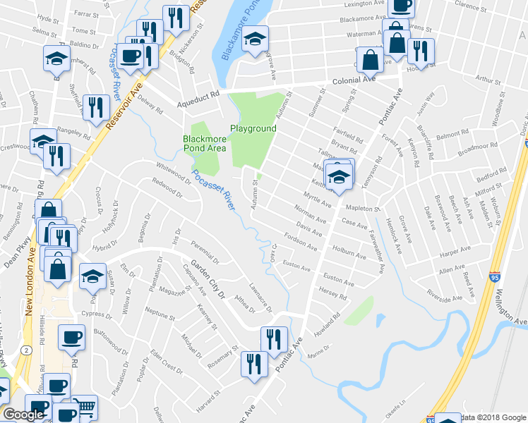 map of restaurants, bars, coffee shops, grocery stores, and more near 110 Davis Avenue in Cranston
