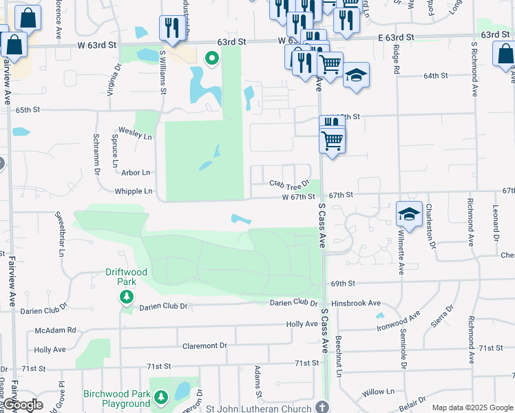 map of restaurants, bars, coffee shops, grocery stores, and more near 6708 West 67th Street in Westmont