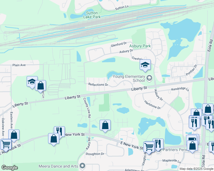 map of restaurants, bars, coffee shops, grocery stores, and more near 2351 Reflections Drive in Aurora
